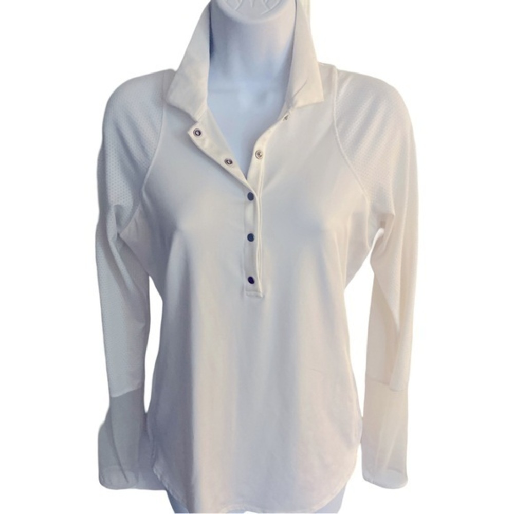 Lucky in Love Long Sleeve Polo- S white.  Nylon spandex.   , mesh sleeve detail